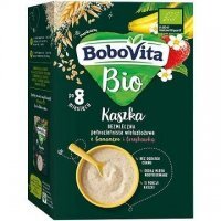 BoboVita Bio, kaszka bezmleczna pełnoziarnista, wielozbożowa z bananem i truskawką, po 8 miesiącu życia, 200g