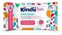 DATA 30/08/2023 Kindii Fun Clean Hand Antibacterial, chusteczki odświeżające do rąk, zapach malinowy, 15 sztuk