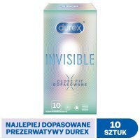 Durex, prezerwatywy lateksowe Invisible Close Fit, dopasowane, super cienkie, nawilżane, 10 sztuk