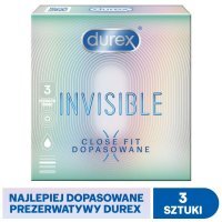 Durex, prezerwatywy lateksowe Invisible Close Fit, dopasowane, super cienkie, nawilżane, 3 sztuki