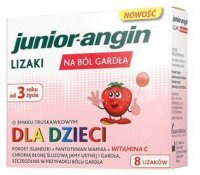 Junior-angin, lizaki na ból gardła, smak truskawkowy, dla dzieci od 3 roku życia, 8 lizaków