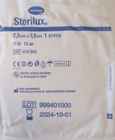 Kompresy z gazy bawełnianej Sterilux, jałowe, 17 nitkowe, 12-warstwowe, 7,5cmcmx7,5cm, 25 sztuk