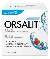 Orsalit Nutris, doustny płyn nawadniający, proszek, smak malinowo-jagodowy, od 6 miesiąca życia, 10 saszetek