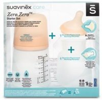 Suavinex, Zero Zero, Zestaw Startowy, butelka, 180ml + smoczek na butelkę, regulowany przepływ + silikonowa torebka, od urodzenia, 1 opakowanie