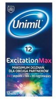 Unimil, prezerwatywy lateksowe Excitation Max, z wypustkami i żelem rozgrzewającym, 12 sztuk
